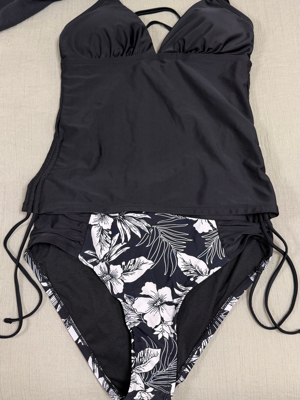 Time and Tru Black Tankini with Black and White Floral Bikini Bottoms